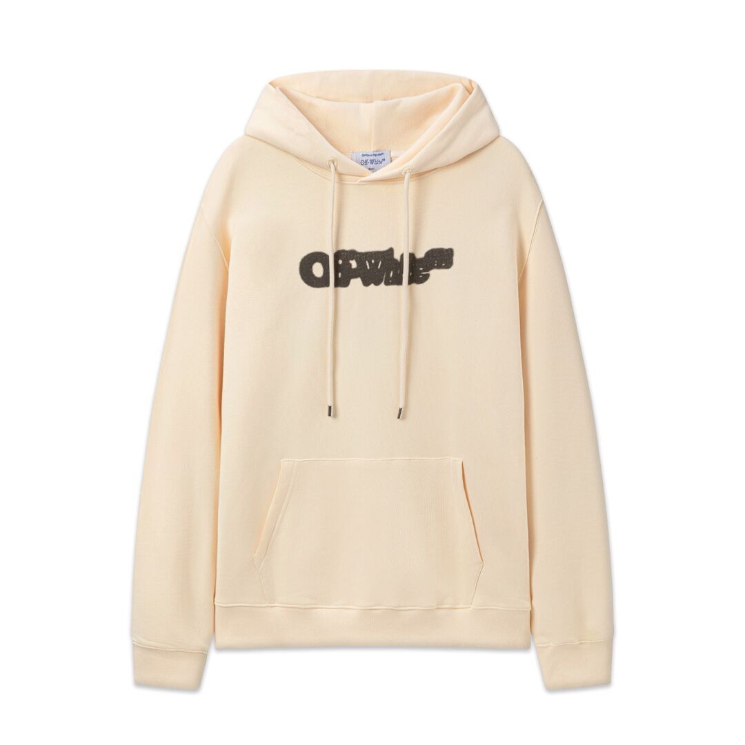 Off White Beige Hoodie With Distressed Logo Print For Fashion Enthusiasts