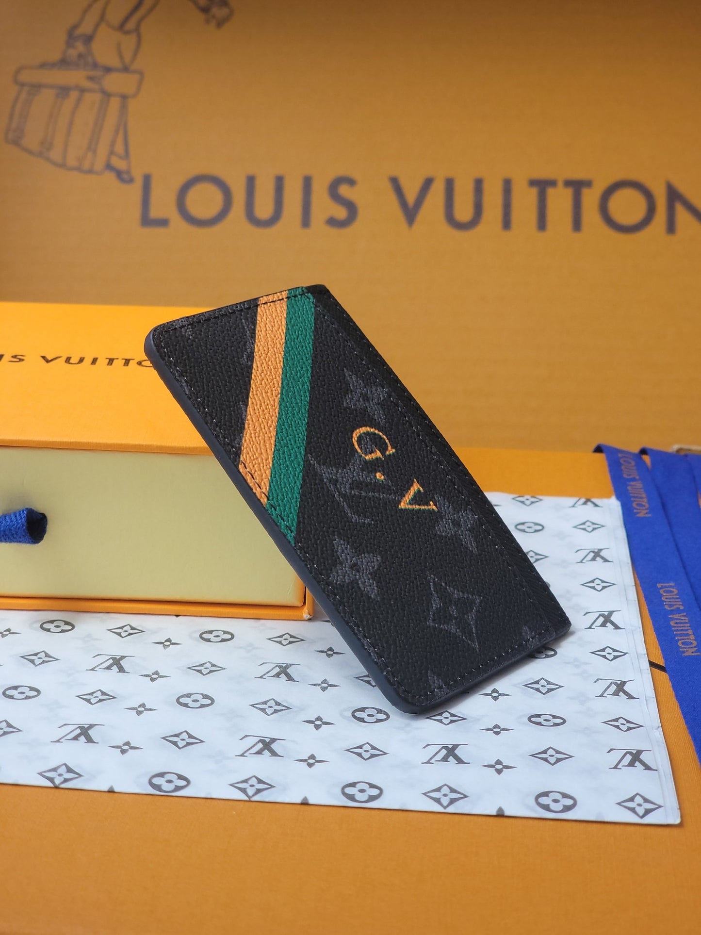 Stylish Louis Vuitton Black Card Holder With Colorful Stripes And Custom GV Initials M01902