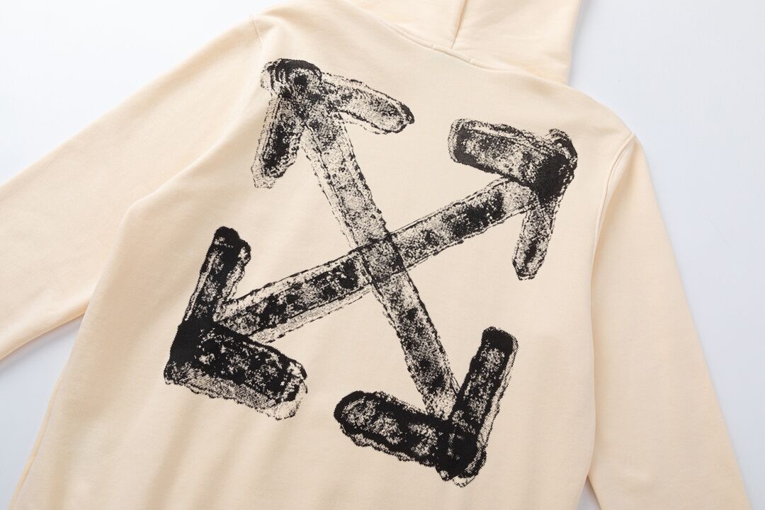 Off White Beige Hoodie With Distressed Logo Print For Fashion Enthusiasts