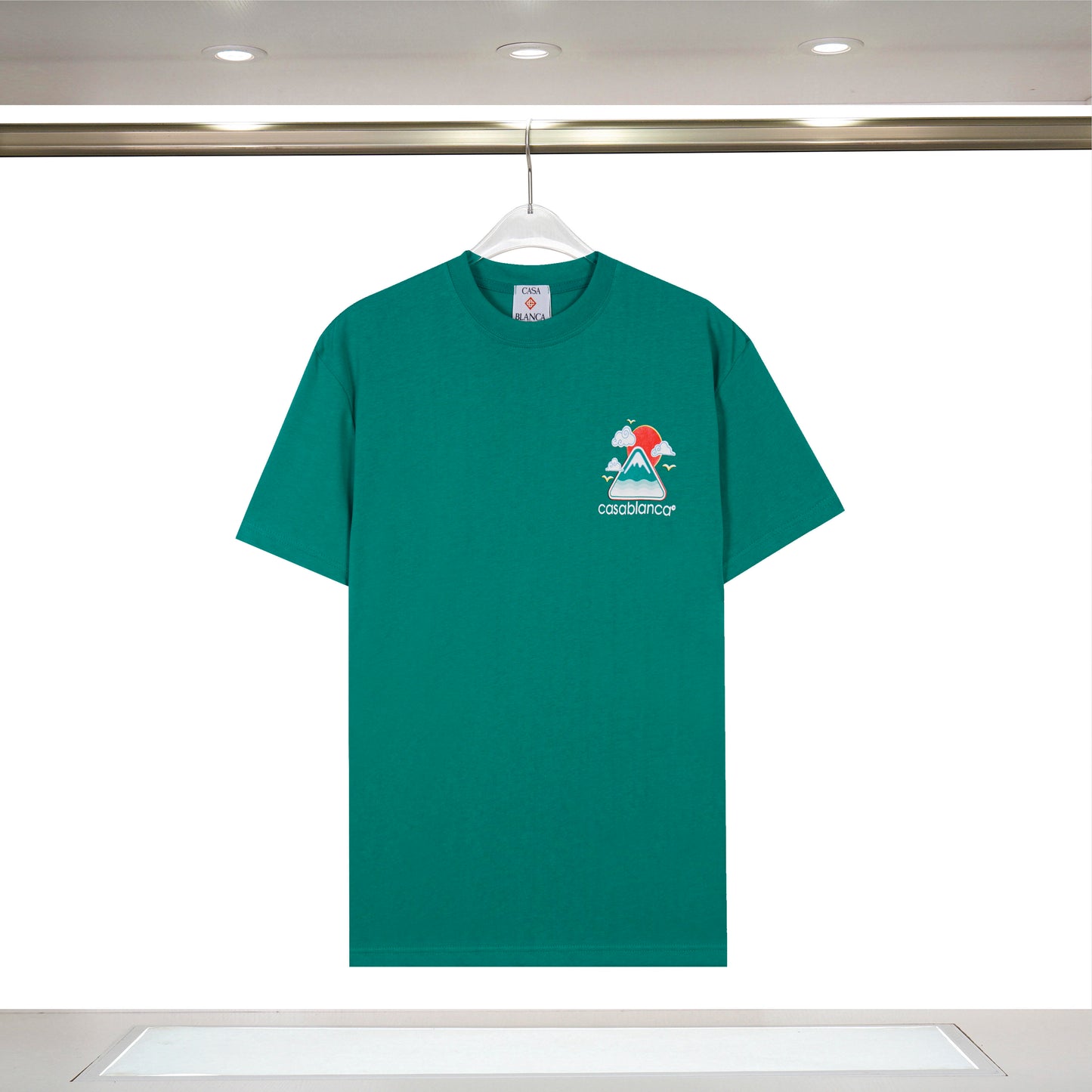 Casablanca White/Black/Green T - Shirt With Colorful Mountain Sun And Brand Logo Graphic