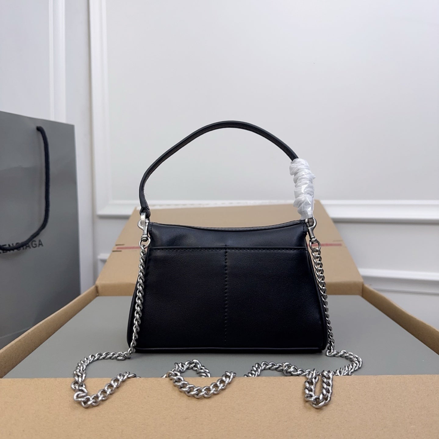 Elegant Black/Blue Balenciaga Top Handle Bag With Gold Chain Strap For Timeless Style Style No.8801