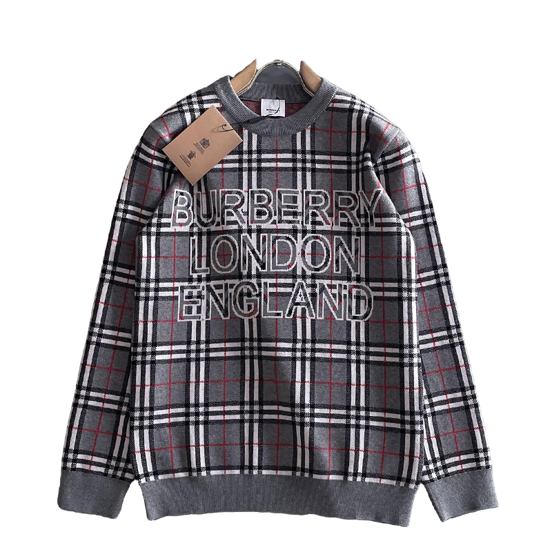 Burberry Men's Checkered Crew Neck Knitted Sweater With Brand Lettering