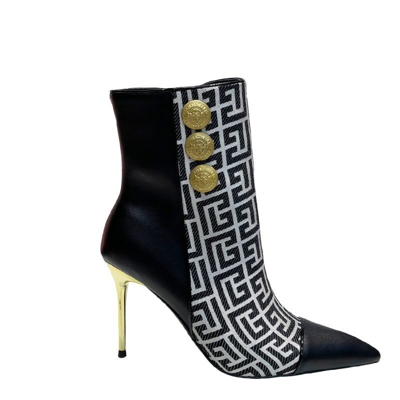 Balmain Black Leather And Monogram - Print Ankle Boots With Gold Buttons
