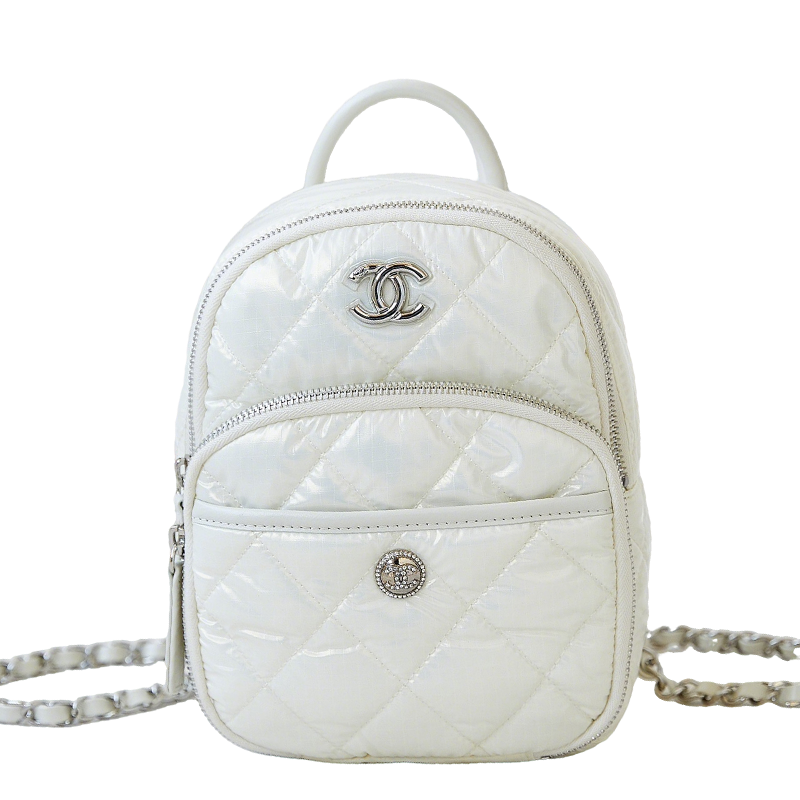 Chanel Mini Backpack White Quilted Nylon with Silver - Tone Hardware and Chain Straps AS4366