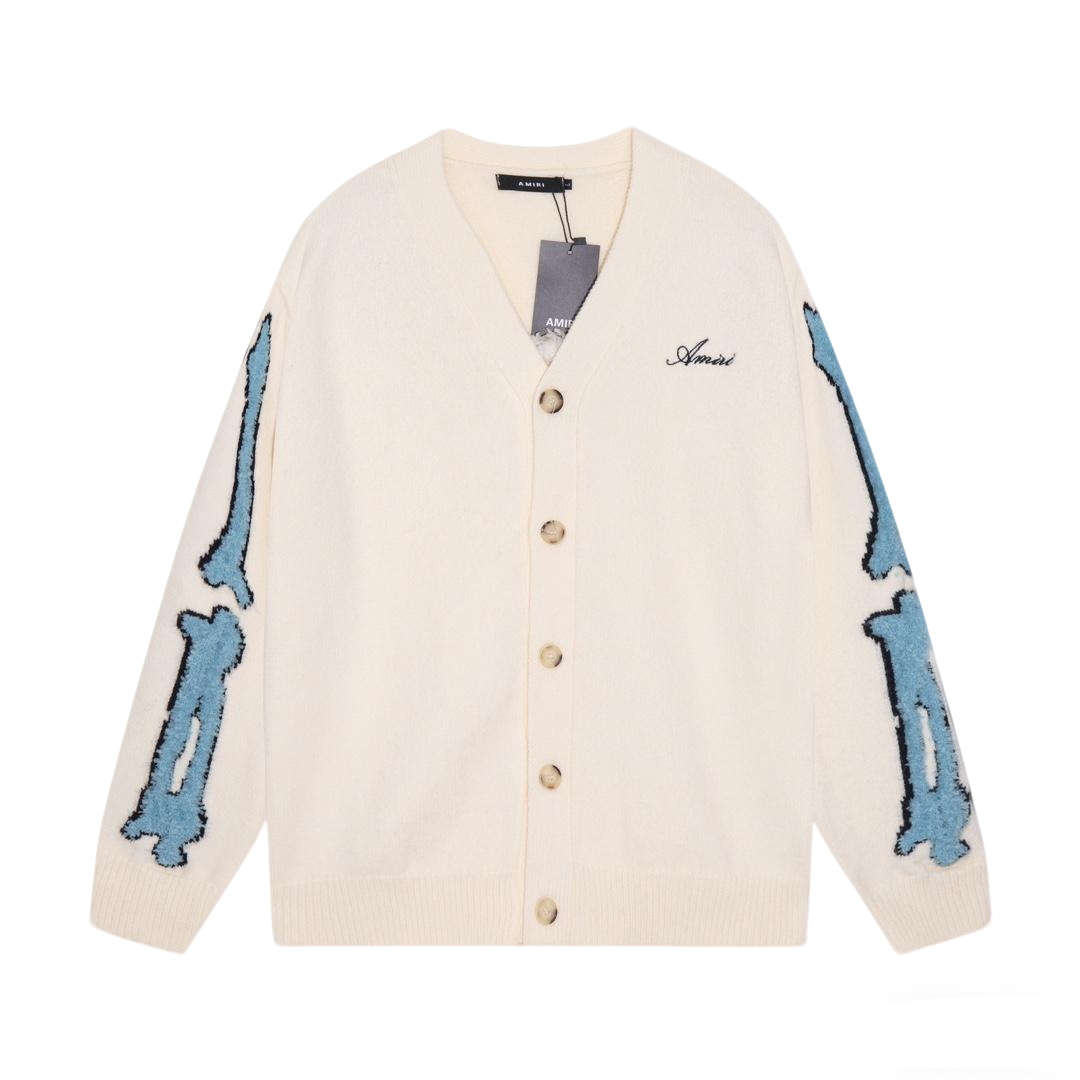 Amiri Men's Cream V - Neck Cardigan With Blue Skeleton Print And Branding