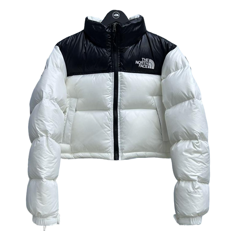The North Face Black And White Color Block Cropped Nuptse Puffer Jacket