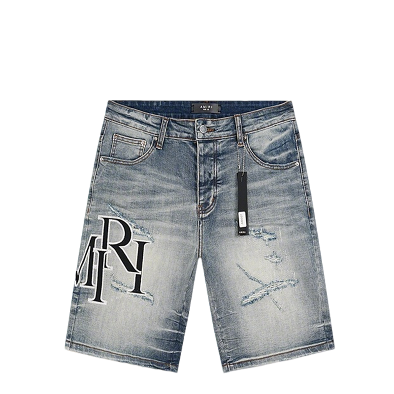 Amiri Light Blue Distressed Denim Shorts With Stylish Logo