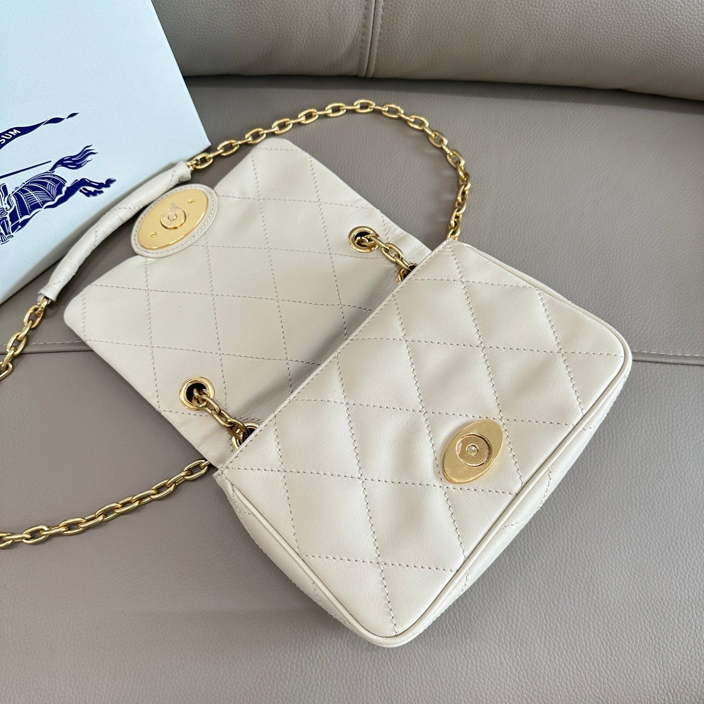 White/Red/Black Quilted Burberry Crossbody Bag with Gold Chain Strap and Iconic Logo Style No.2641