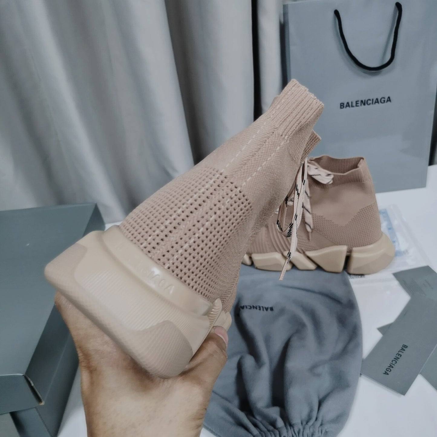 Balenciaga Unisex Beige Lace-up Sock Sneakers Stylish Footwear for Fashion-conscious Men and Women