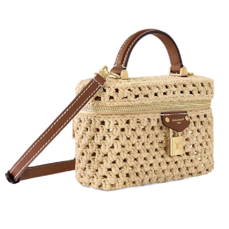 Chic Louis Vuitton Woven Straw Vanity Bag With Leather Handle And Lock Accents