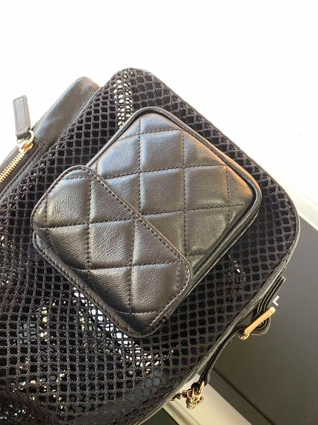 Chanel Black/White Quilted Leather Backpack With Mesh Panels And Gold Tone Chain Details AS5492