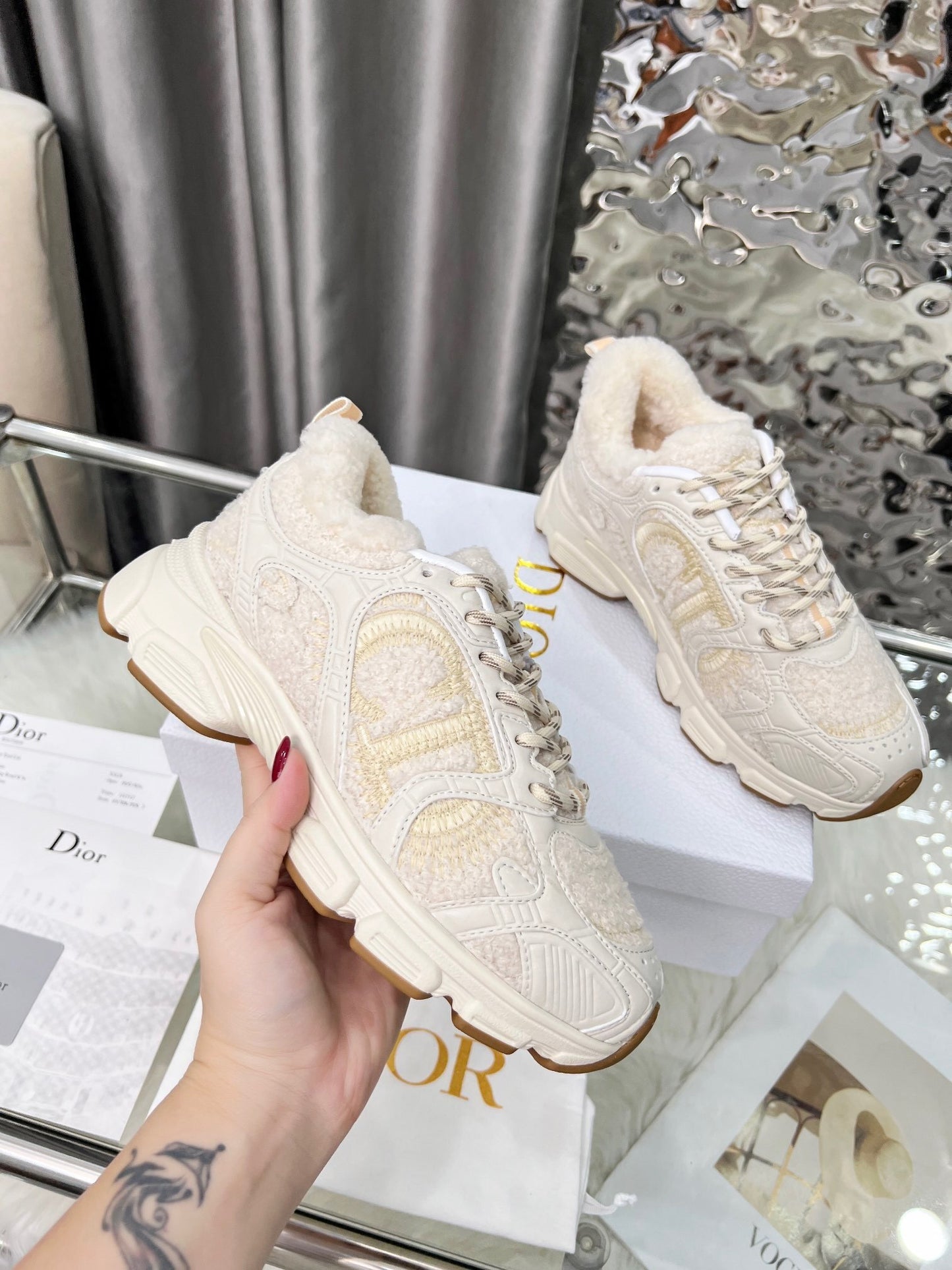 Women's Dior Cream - Colored Sneakers With Plush Fleece Details