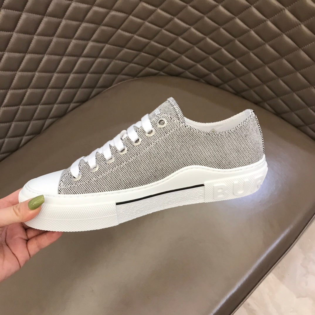 Burberry Unisex Grey Textured Canvas Sneakers Fashionable Comfortable Footwear For Men And Women With Minimalist Design