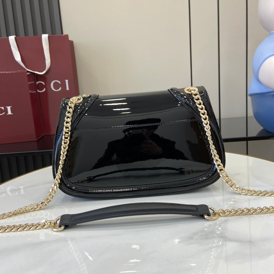 Gucci Black Patent Leather Shoulder Bag With Gold Tone Interlocking G Logo And Chain Strap 815715