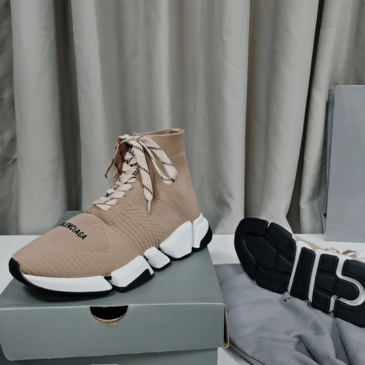 Balenciaga Unisex Beige Lace-up Sock Sneakers Fashionable Footwear for Men and Women with Unique Design