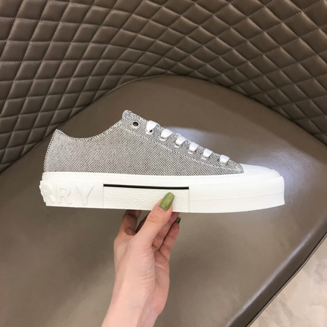 Burberry Unisex Grey Textured Canvas Sneakers Fashionable Comfortable Footwear For Men And Women With Minimalist Design