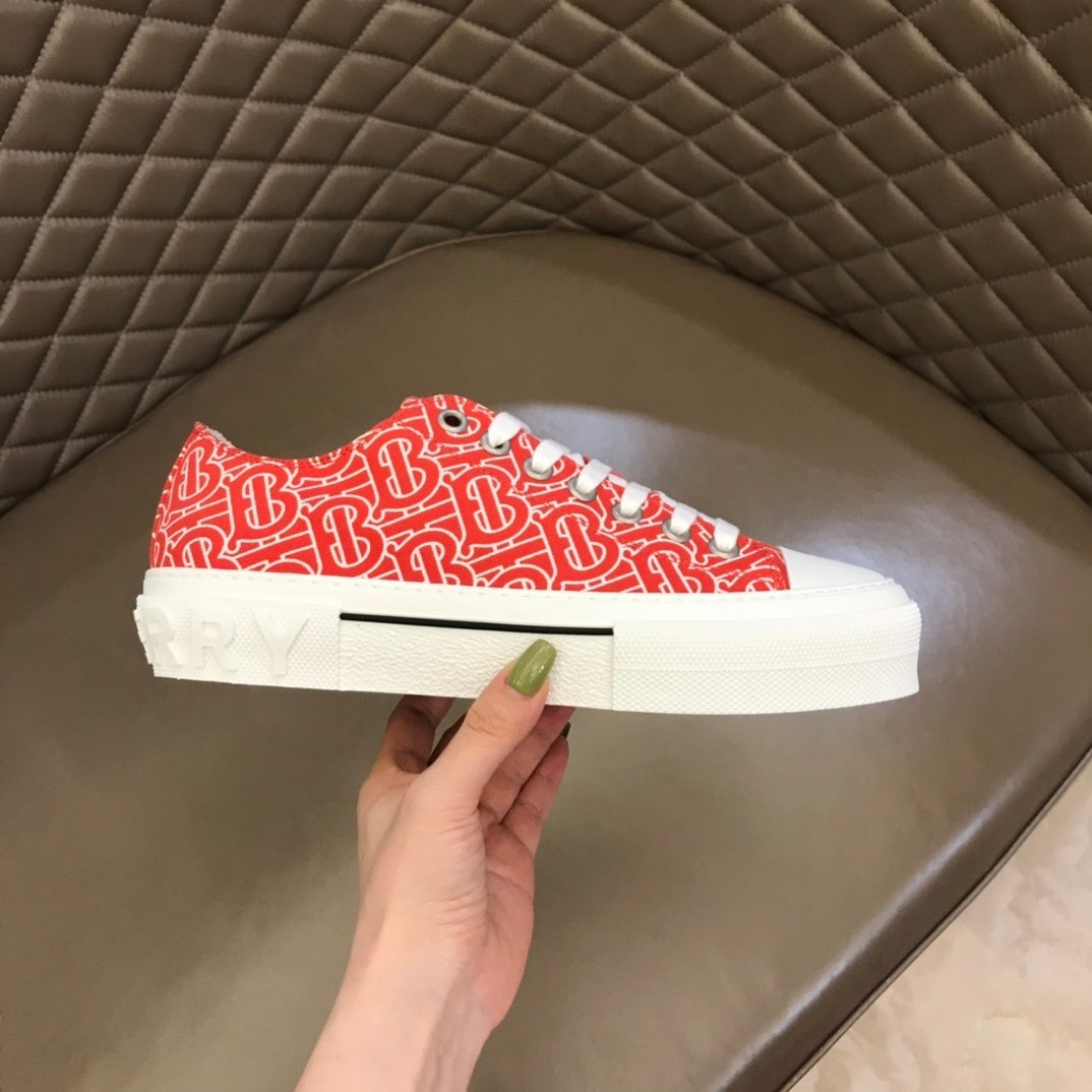 Burberry Unisex Red Monogram Canvas Sneakers Stylish Comfortable Footwear For Men And Women With Signature Logo Pattern