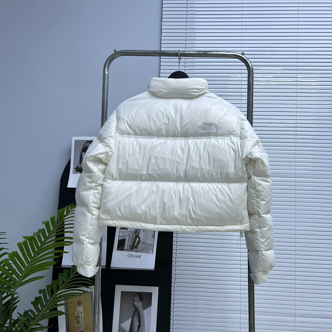 The North Face White Cropped Nuptse Puffer Jacket For Winter Warmth