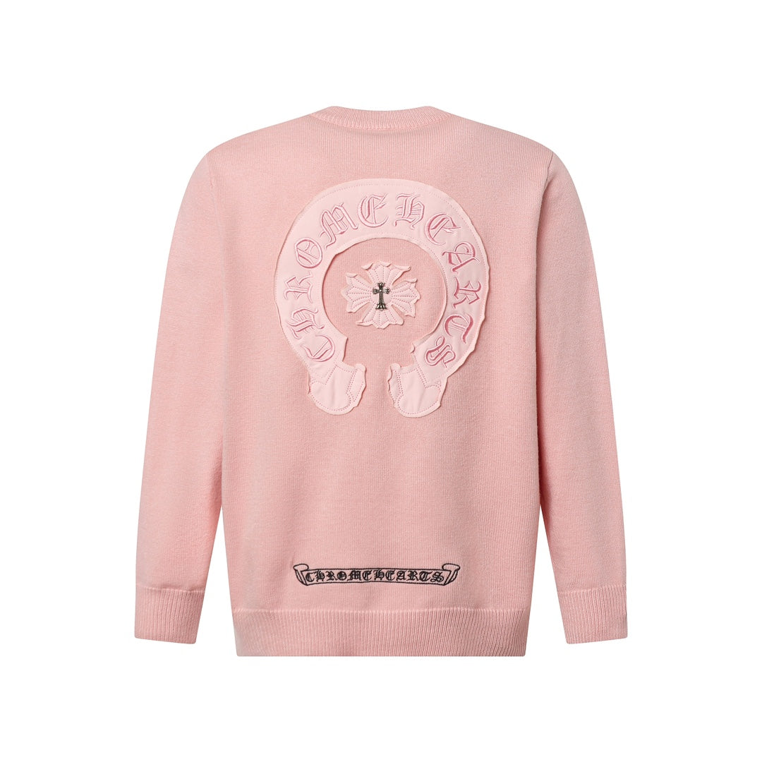 Chrome Hearts Inspired Pink Crew Neck Sweater With Embroidered Logo Detail