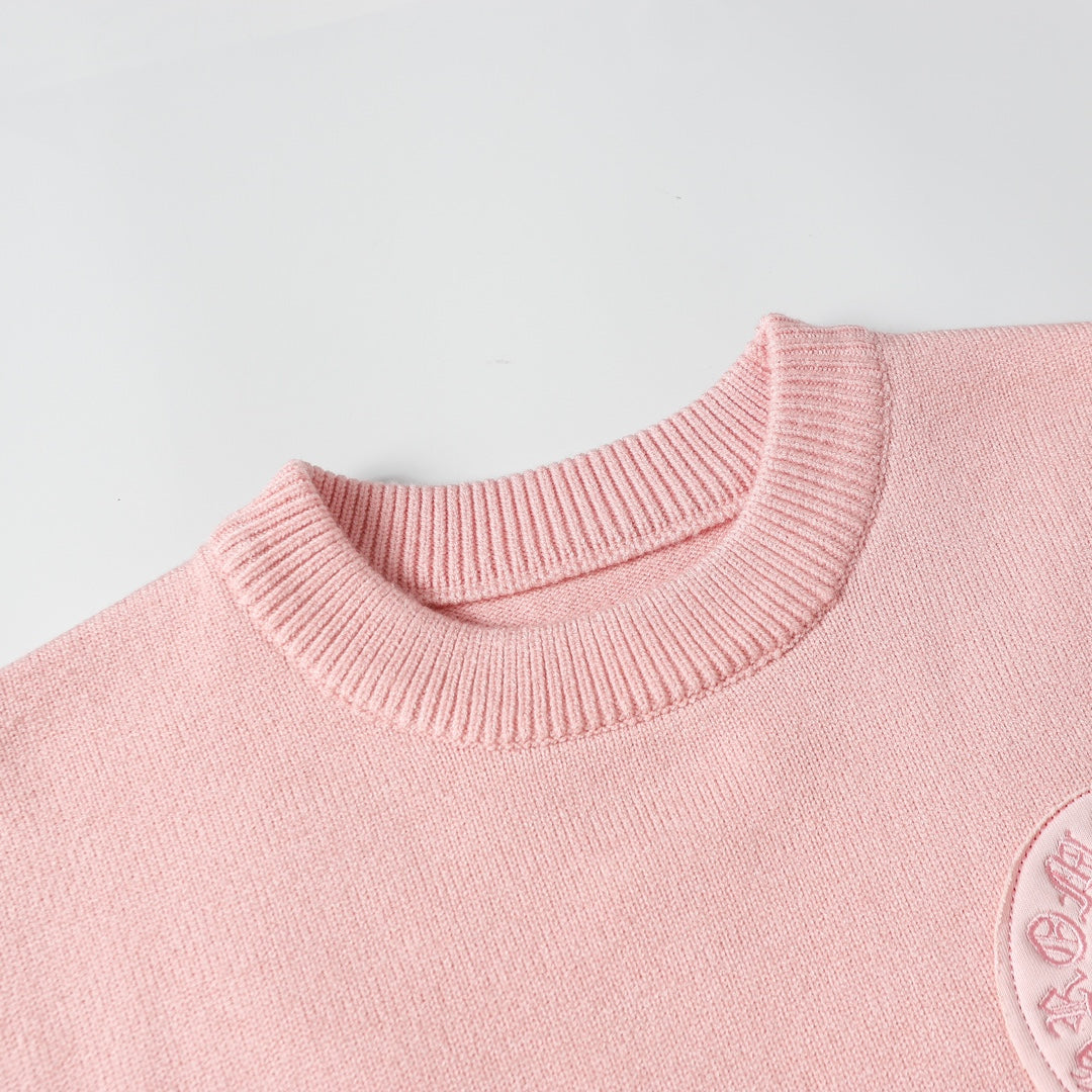 Chrome Hearts Inspired Pink Crew Neck Sweater With Embroidered Logo Detail