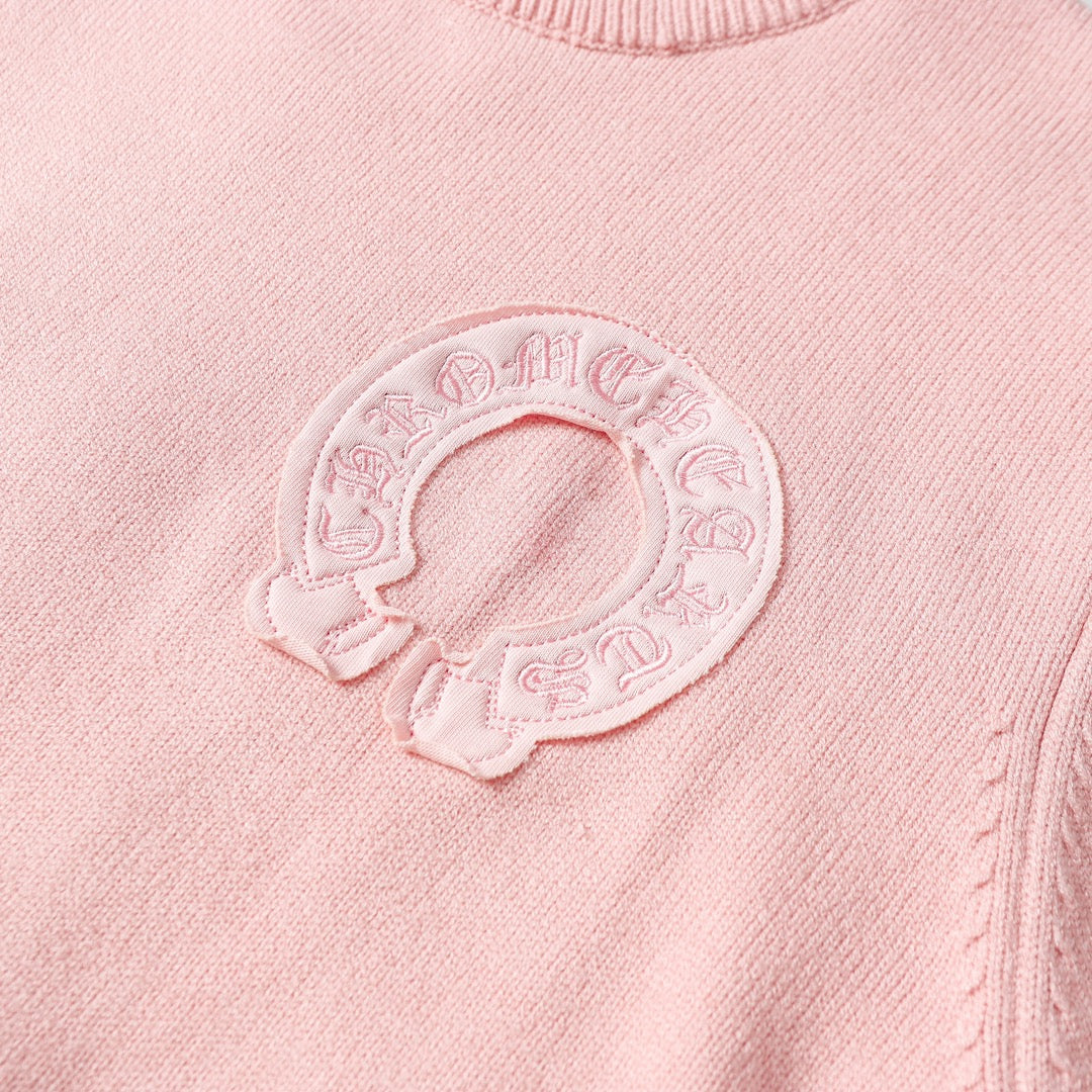 Chrome Hearts Inspired Pink Crew Neck Sweater With Embroidered Logo Detail