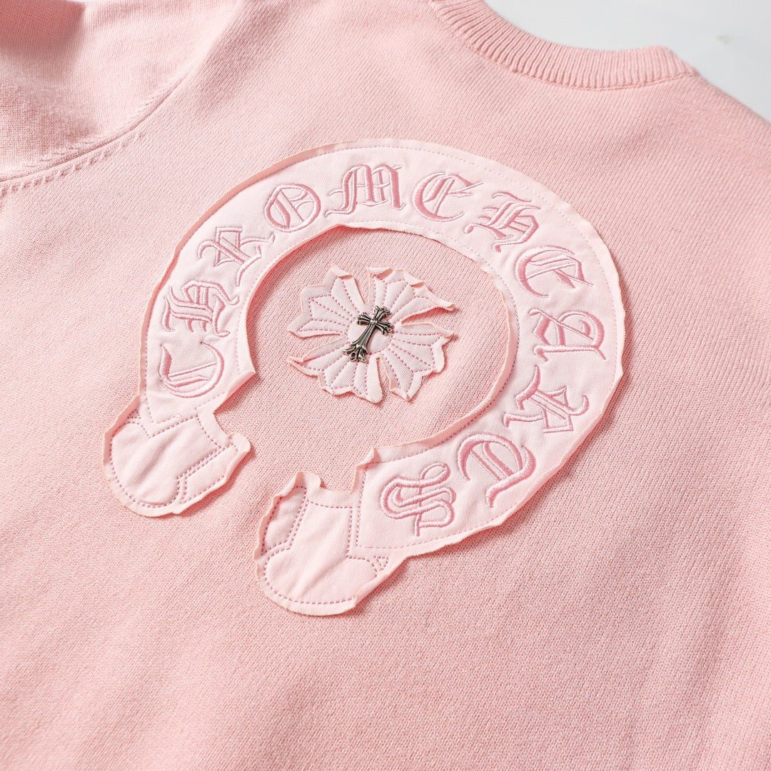 Chrome Hearts Inspired Pink Crew Neck Sweater With Embroidered Logo Detail