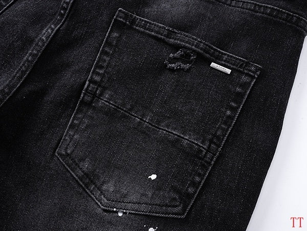 Amiri Black Distressed Jeans With Plaid Patches And Paint Splatters