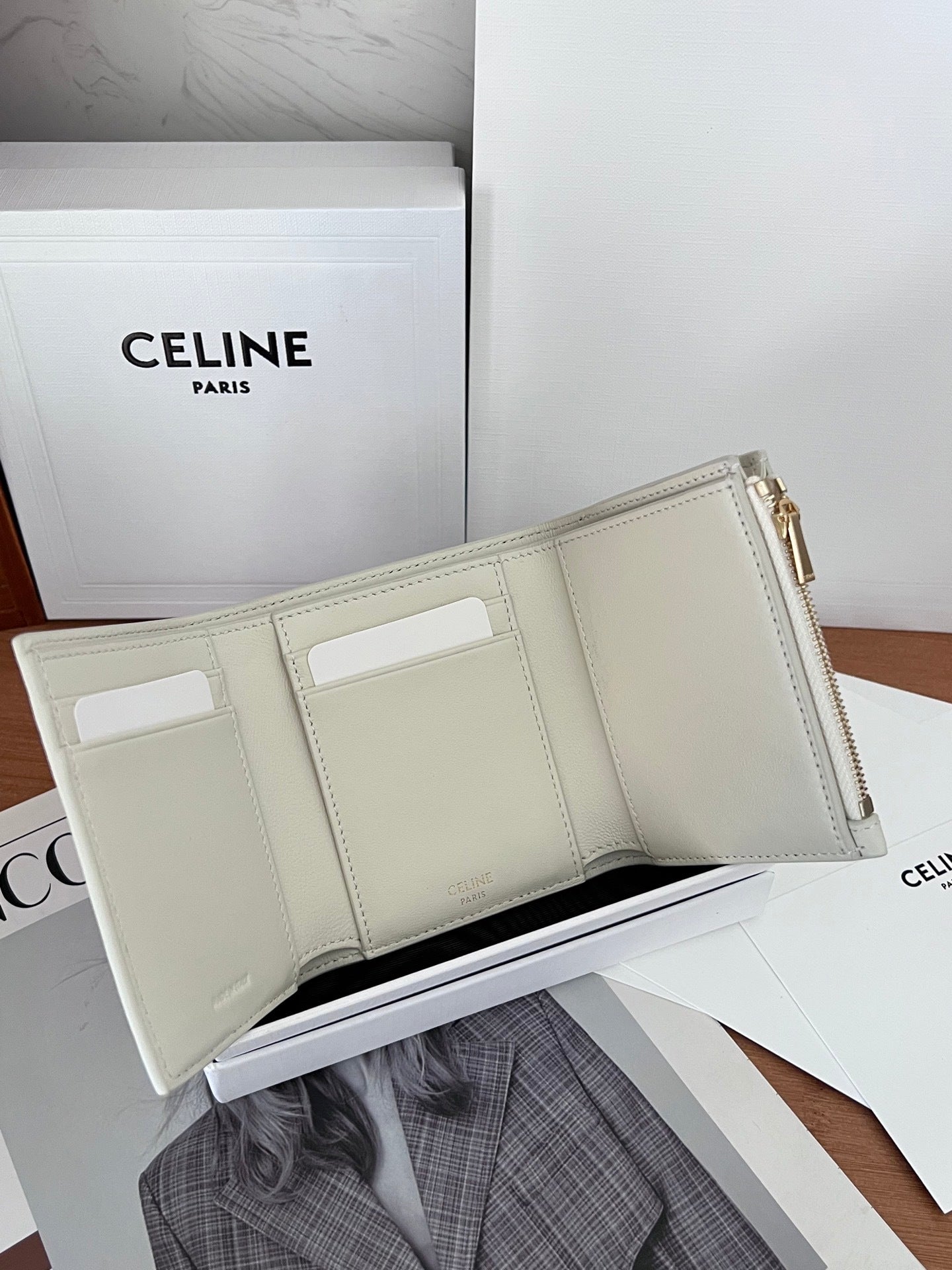 Celine VICTOIRE Triomphe Beige Leather Compact Wallet With Gold Hardware 100963