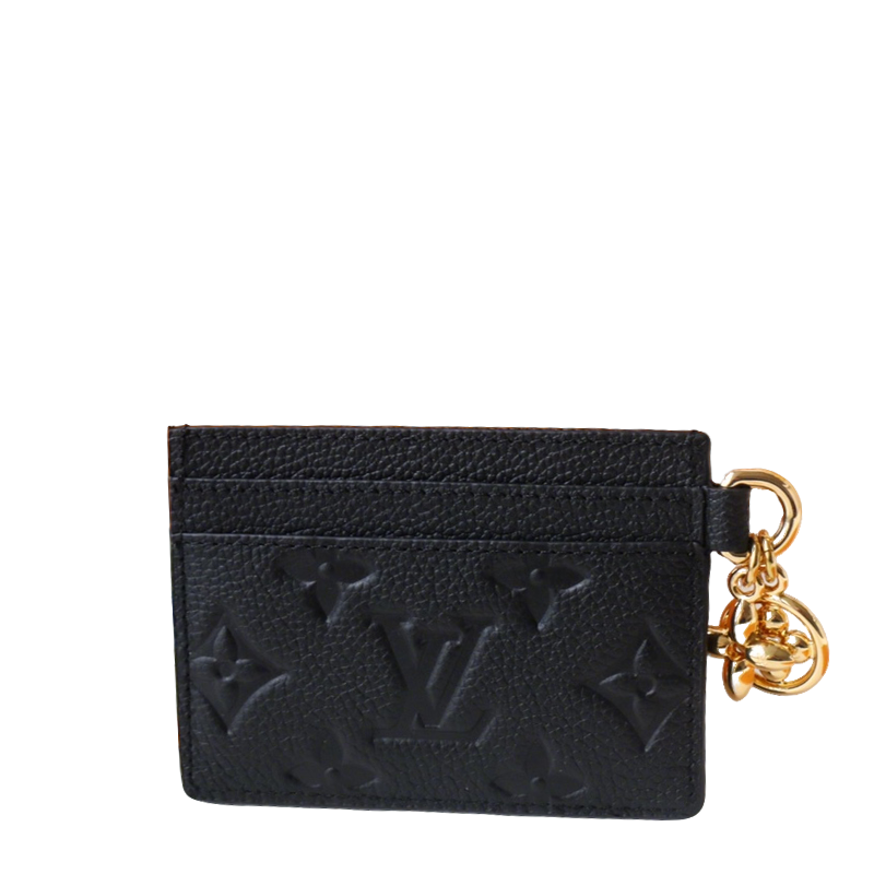 Chic Louis Vuitton Black Embossed Leather Card Holder With Gold Keychain Accent