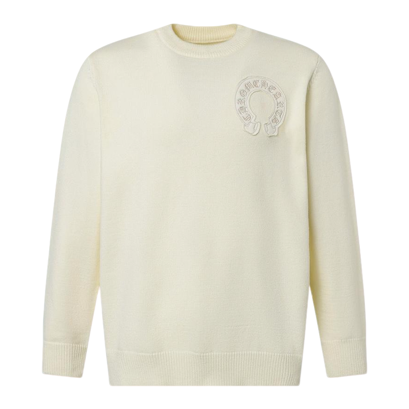 Chrome Hearts Inspired Cream Crew Neck Sweater With Embroidered Logo Detail