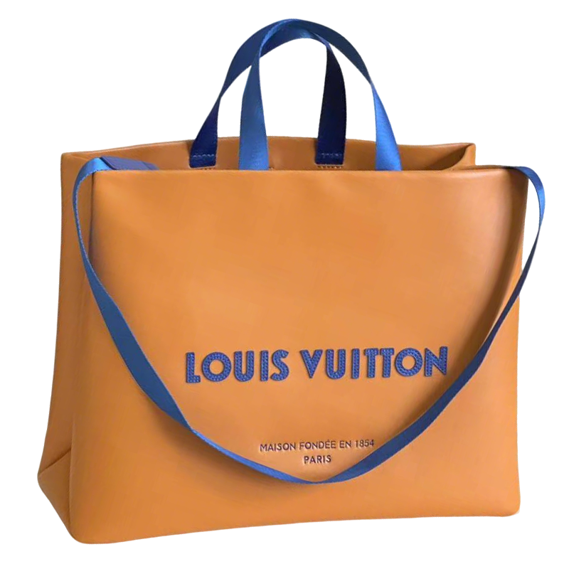 Stylish Orange Louis Vuitton Tote Bag With Blue Handles And Branding