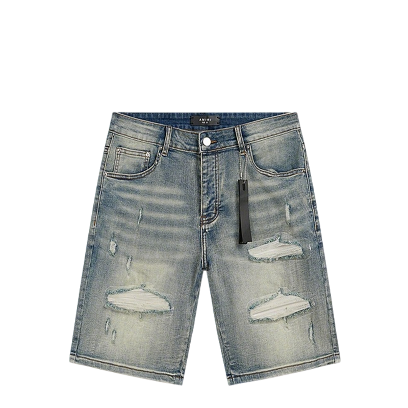 Amiri Light Blue Distressed Denim Shorts With Artful Rips