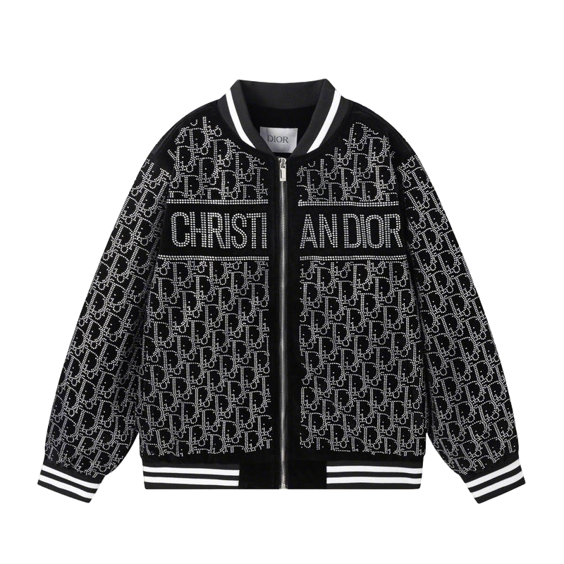 Dior Black Bomber Jacket With Crystal Monogram And Brand Lettering