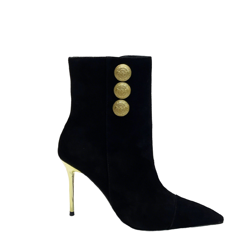 Balmain Black Suede Ankle Boots With Gold Button Detailing