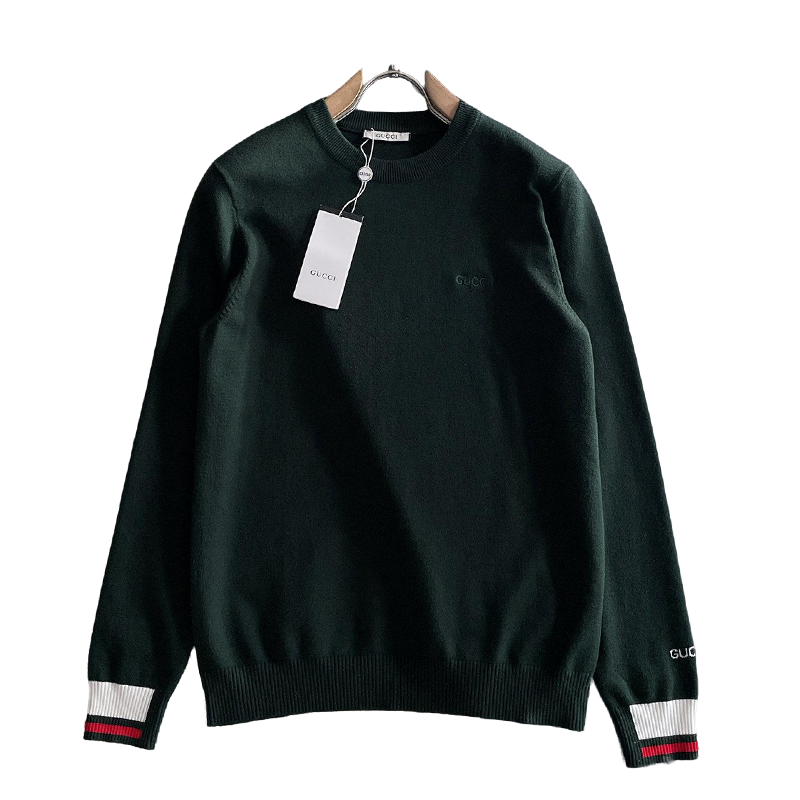 Gucci Men's Dark Green Crew Neck Knitted Sweater With Signature Details