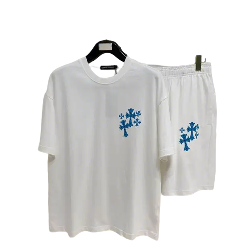 Chrome Hearts White T - shirt And Shorts Set With Blue Cross Motifs