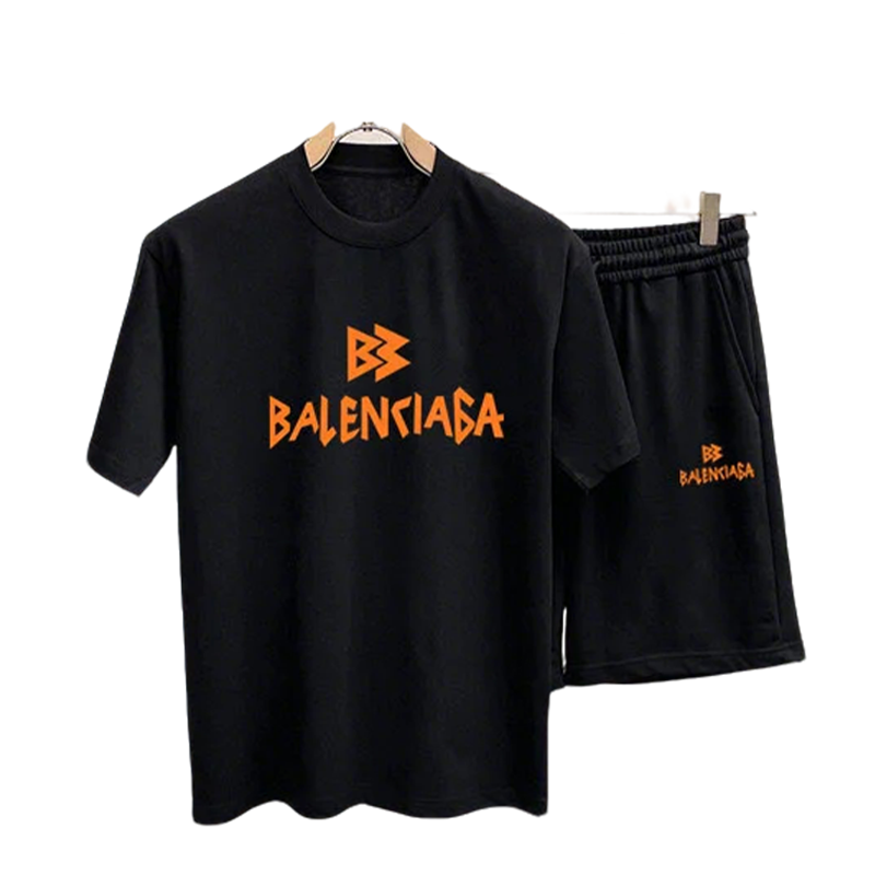Balenciaga Black T shirt And Shorts Set With Orange Logo
