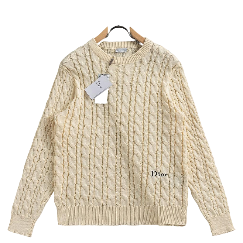 Dior Beige Cable - Knit Crew Neck Long - Sleeve Fashion Sweater