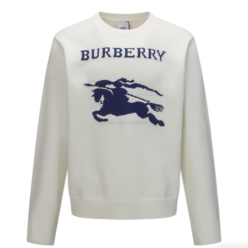 Burberry Men's White Crew Neck Sweater With Equestrian Design