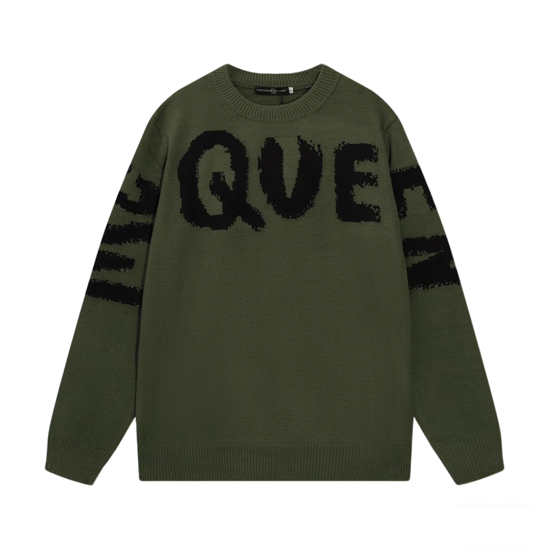 Alexander McQueen Olive Green Sweater With Black QUE Print