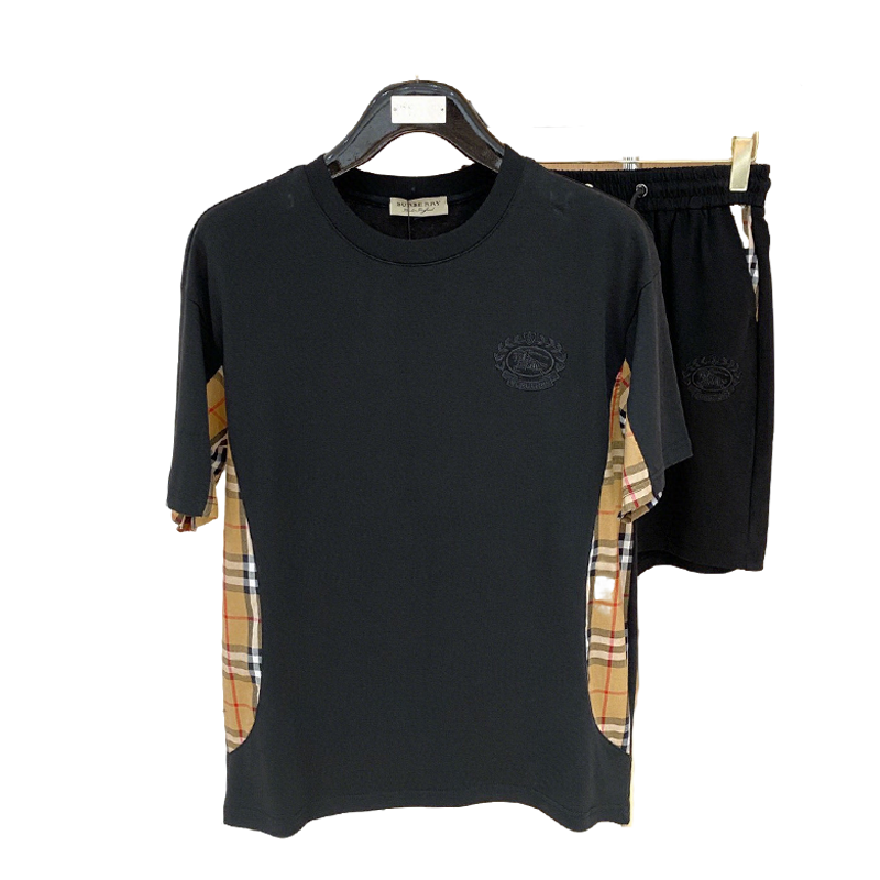 Burberry Men's Black Short - Sleeve Tracksuit With Check Accents