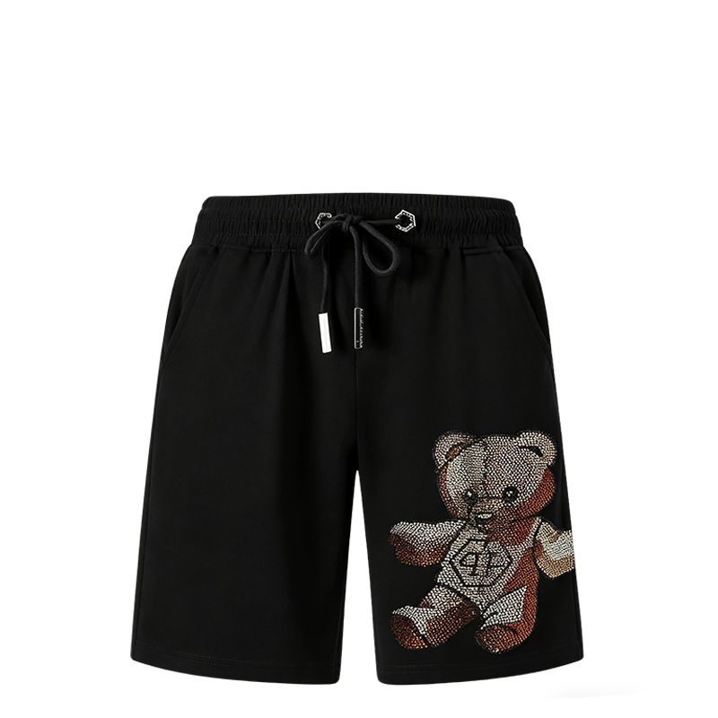 Philipp Plein Men's Black Shorts With Rhinestone Teddy Bear Design