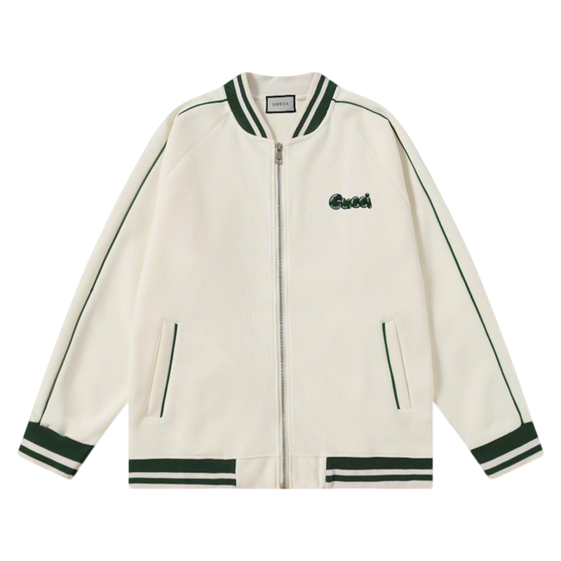 Gucci White Bomber Jacket With Green Trim And Logo