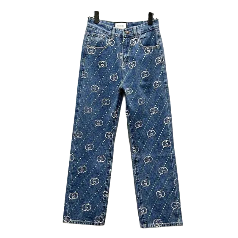 Gucci Blue Denim Jeans With Crystal GG Pattern
