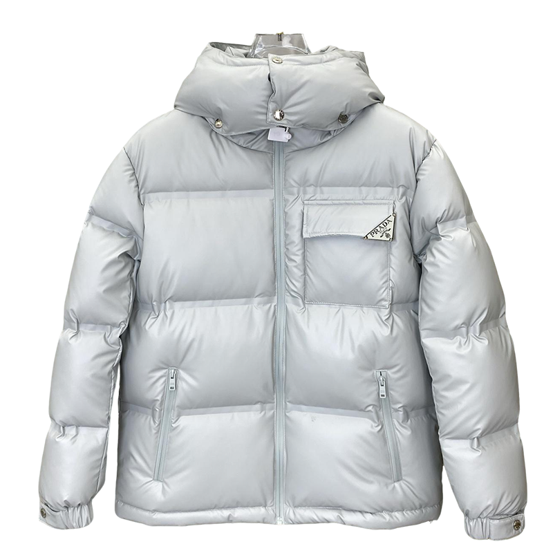 Light Gray Prada Puffer Jacket With Hood And Logo