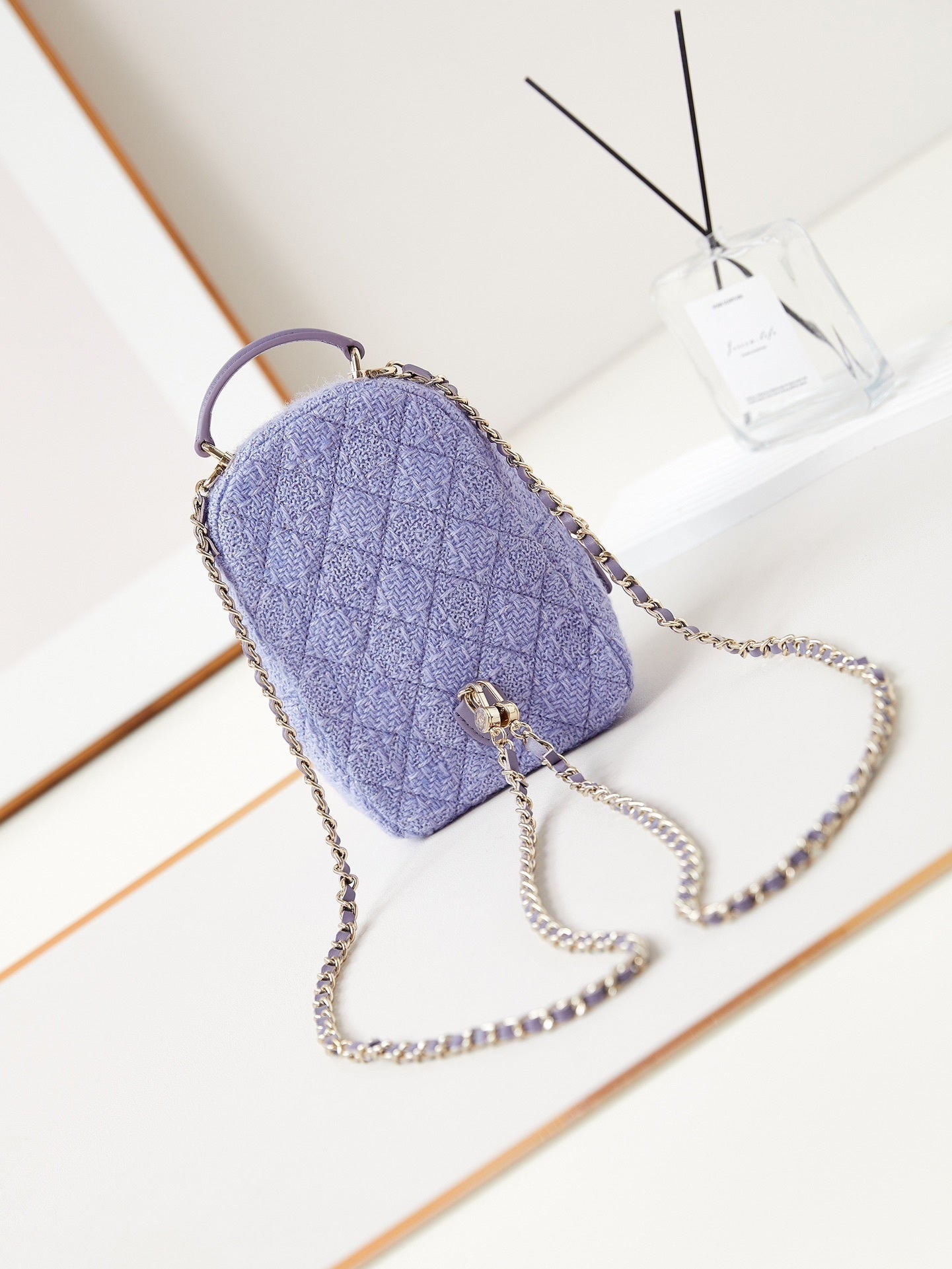 Chanel Mini Backpack in Lavender Tweed with Quilted Pattern and Gold - Tone Chain Straps AP3753