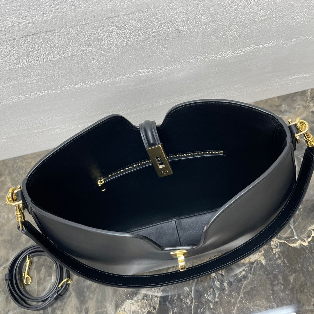 Celine 16 Soft Black Leather Hobo Bag With Gold - Tone Lock Accent 119563