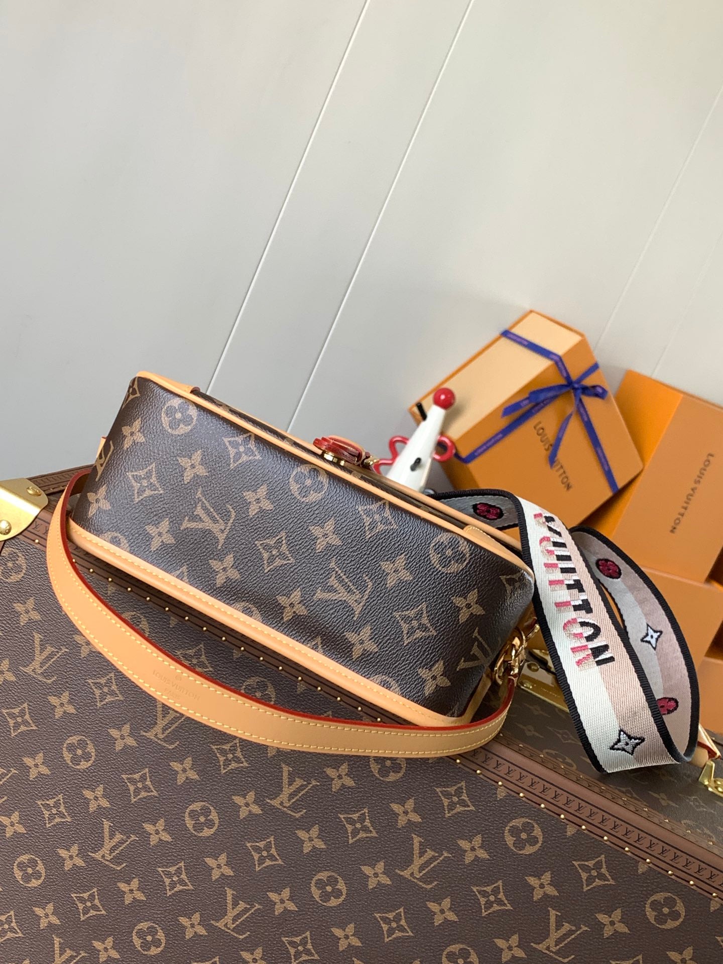 Stylish Louis Vuitton Monogram Crossbody Bag With Colorful Webbing Strap And Buckle Detail