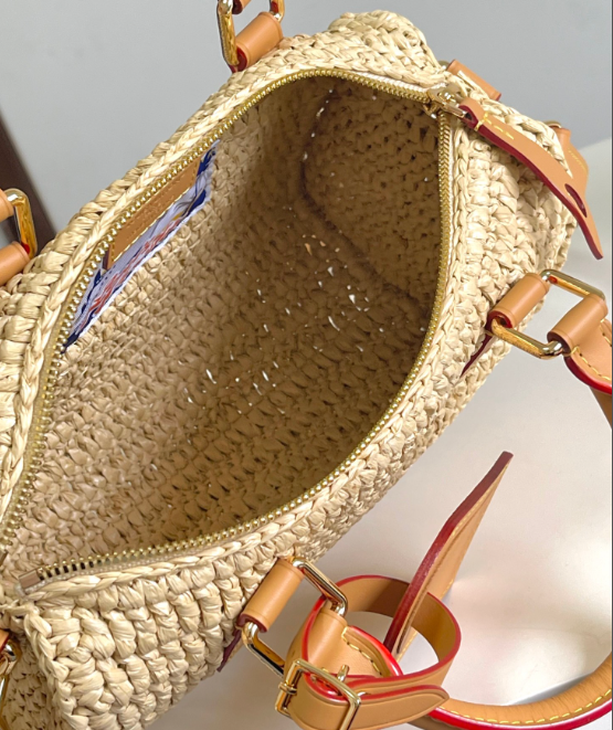 Chic Louis Vuitton Straw Handbag With Leather Accents For Summer Fashion Lovers