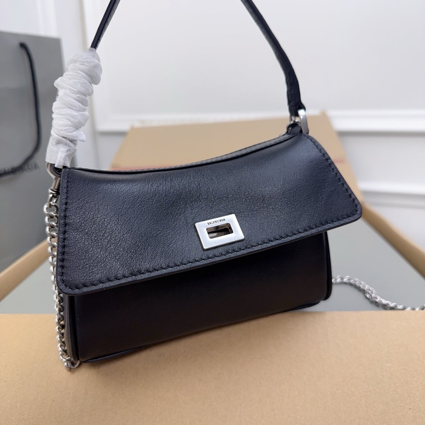 Elegant Black/Blue Balenciaga Top Handle Bag With Gold Chain Strap For Timeless Style Style No.8801